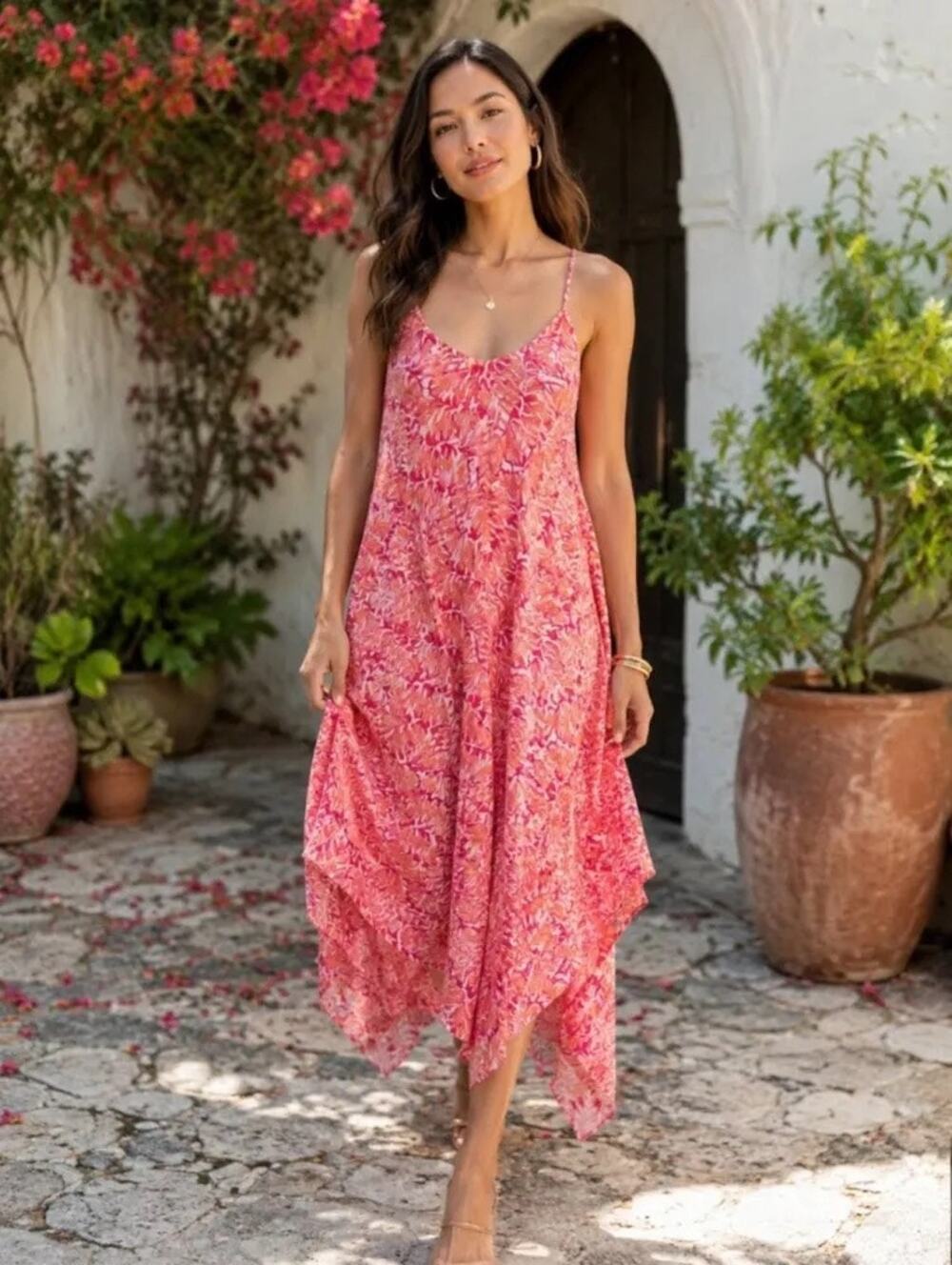 Vineyard Vines Pink Seashell Handkerchief Midi Silk Blend Slip Dress Size XS